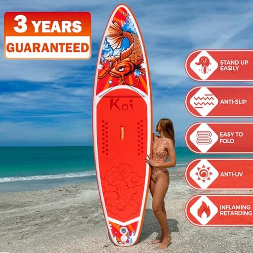 FEATH-R-LITE Inflatable Paddle Board Stand Up Paddleboards for Adults SUP with Premium Accessories Pump, Adjustable Paddle, Leash, Three Fins, Backpack (Red Koi) - Thumbnail 3
