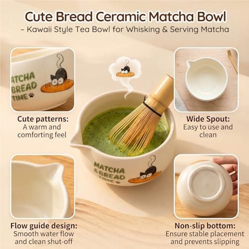 KOIMYSA Matcha Whisk Set with Cat and Bread Pattern, Traditional Authentic Matcha Whisk Kit With Ceramic Spout Bowl, Bamboo Whisk & Stainless Steel Sifter, Chasen and Chashaku - Thumbnail 5