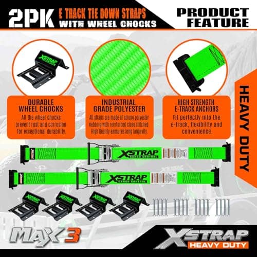 XSTRAP STANDARD Wheel Chock E-Track Tie Down Straps Kit, 2 Pack 2" x 9FT Over-The-Tire Ratchet Straps with Steel Wheel Chocks, 1466 lbs WLL for ATV, UTV, Lawn Mower, Trailer Hauling, Green - Thumbnail 5