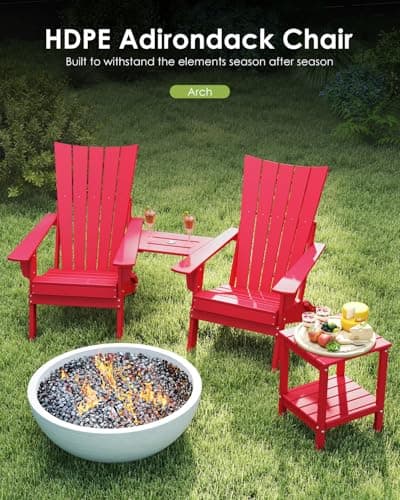 GREENVINES Folding-Adirondack-Chairs-Set-of-2 | HDPE Plastic | Arch Series | Fire Pit Chair | with Connecting Tray | Removable Table | All Weather | for Outdoor Patio Deck Poolside | Red - Thumbnail 4