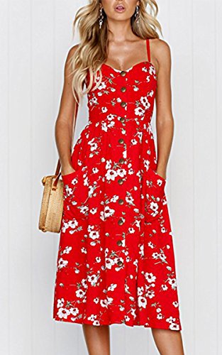 Angashion Women's Dresses-Summer Floral Bohemian Spaghetti Strap Button Down Swing Midi Dress 0860 Red L - Thumbnail 2