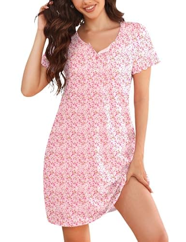 ouansyltg Nightgowns for Women Short Sleeve Button Down Sleep Shirts Henley Nightshirt Soft Sleep Dress with Pockets Summer Lightweight Loungewear House Dress Cotton Night Gown - Image 1