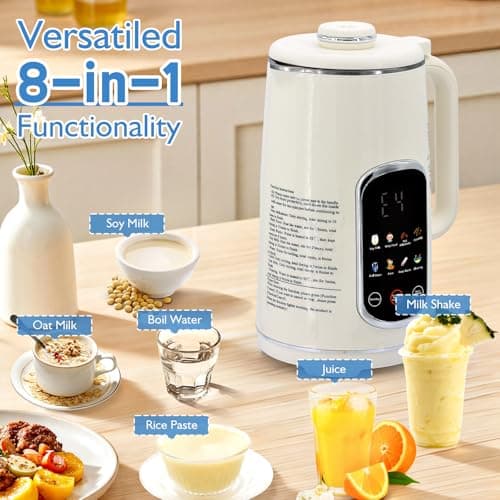 Brezzolife 40oz Nut Milk Maker Machine, 8-in-1 LED Panel Touch Screen Soy Milk Maker for Homemade Almond, Soy & Oat, Plant-Based and Dairy Free Beverages with 12H Delay Start & Self-Cleaning (White) - Thumbnail 2