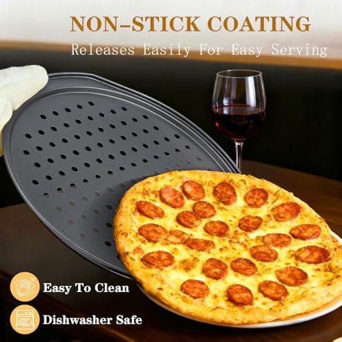 Bestdin 5Pcs Pizza Pan Set - 12 inch Pizza Pan with Holes, Non-stick, Pizza Oven Accessories with 2 Carbon Steel Round Pans, Pizza Cutter and 2 Gloves, Dishwasher Safe - Thumbnail 5