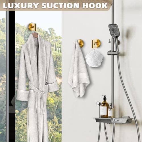 Fenas Suction Cup Hooks for Shower - Bathroom Reusable Hooks for Towels, Robes & Loofah - No-Drill Mounting on Kitchen,Walls,Metal,Glass,Mirrors,Tile & Smooth Non-Porous Surfaces (2, Brushed Gold) - Thumbnail 6