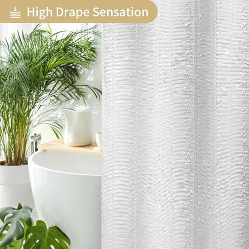Lameirose White Shower Curtain Boho, Textured Shower Curtain Cotton Blend Waffle Weave Stripe Fabric Shower Curtains for Bathroom, Hotel, Washable, 72 x 72 - Thumbnail 4