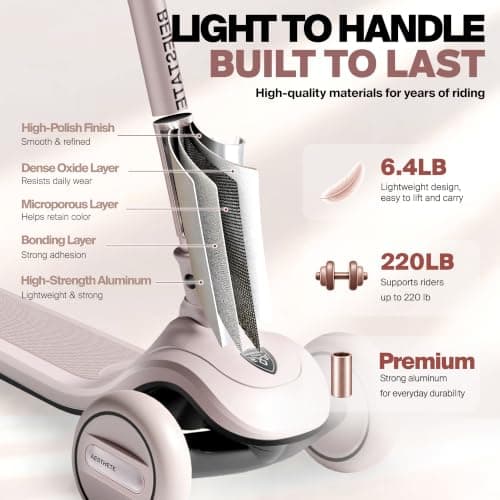 BEIESTATE 3 Wheel Scooter for Kids Ages 3-18, Up to 220 Lbs, Kids Scooter with Adjustable Lean-To-Steer Switch, Foldable, Lightweight, Wide Anti-Slip Deck, Adjustable Height Handlebar, Light-Up Wheels - Thumbnail 5