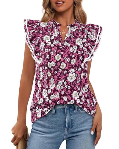 BTFBM Womens Tops Dressy Casual 2026 Spring Summer Shirts Boho Floral V Neck Ruffle Cap Sleeve Business Work Blouses(Floral Wine Red White, Medium) - Image 1