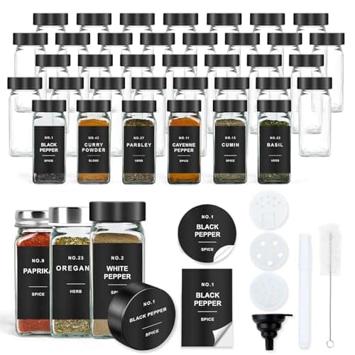 OMOZUN Spice Jars with Label, 36pcs 4oz Glass Spice Jars with Black Lids, Square Spice Containers with 304 Labels and Shaker Inserts, Empty Seasoning Bottles for Drawer, Cabinet, Seasoning Organizer - Image 1