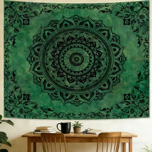Tichgeim Green Mandala Tapestry for Bedroom Aesthetic, Boho Hippie Ceiling Art Decor Tapestries, Bohemian y2k Floral Backdrop Wall Hanging for Teen Girls Dorm Living Room (51"X60") - Thumbnail 5
