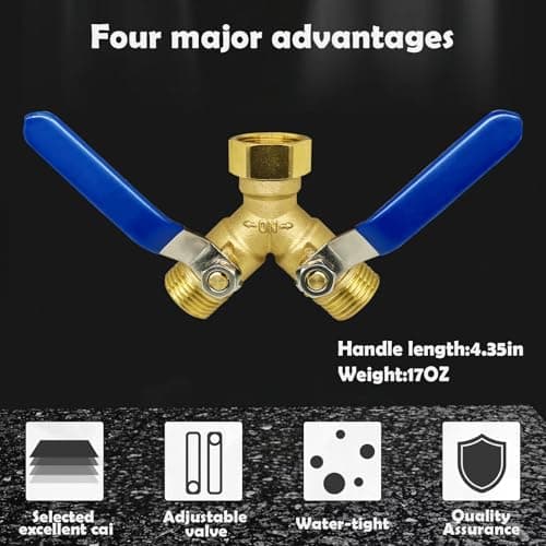 Brass Garden Hose Splitter 2 Way Heavy Duty，with 304 Stainless Steel Long Handle，Brass Y Valve Water Garden Hose Adapter 2 Way Y Valve 3/4" GHT Thread - Thumbnail 2