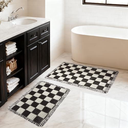 MatEssenz 2 Piece Checkered Bath Mat Set (17"x24" & 18"x30"), Black and White Waffle Weave Bathroom Rugs with Tassels, Non-Slip Quick Dry Shower Mats, Machine Washable Skin-Friendly Boho Decor