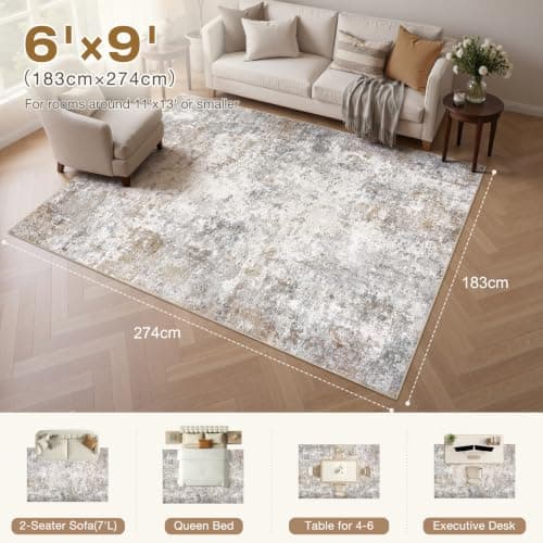 UERMEI 6x9 Area Rug Living Room Rugs - Washable Neutral Modern Abstract Soft Thin Large Rug Indoor Floor No Slip Rug Carpet for Bedroom Under Dining Table Home Office Decor - Brown Grey - Thumbnail 2