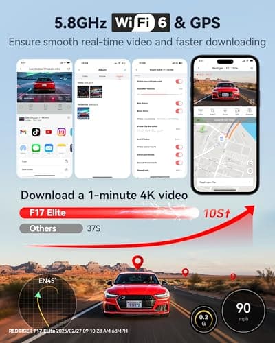 REDTIGER F17 Elite 4K Dash Cam 3 Channel, STARVIS 2 IMX678 & IMX675, 128GB Card, Full Night Color, 4K+2.5K+1080P Front and Rear Inside, Voice Control, 5GHz WiFi-30MB/s Download, GPS, HDR, Parking Mode - Thumbnail 6