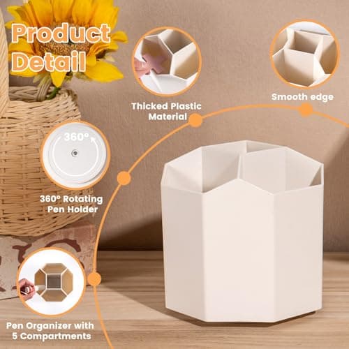 bibiage Pencil Pen Holder, 360° Rotating Pen Holder, Desk Organizer with 5 Slots, Desktop Stationery Storage for Office, School & Home, Art Supplies Desktop Decor, White - Thumbnail 3