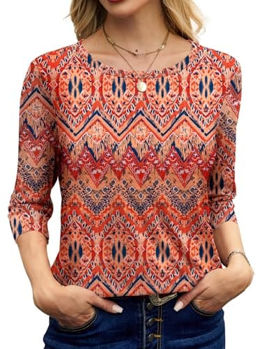 NORACORA Women's 3/4 Length Sleeve Crew Neck T-Shirt - Printed Casual Basic Tops - Thumbnail 5