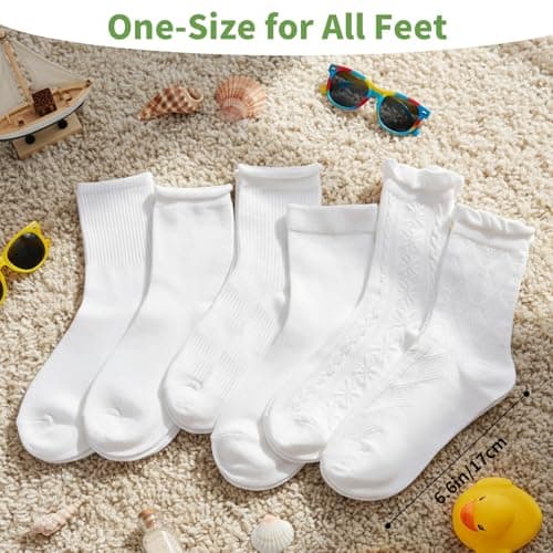 FunisFun 6 Pairs Womens Summer Socks, White Crew Thin Ankle Socks for Women Girls Daily Wear Casual Dress (US, Alpha, One Size, Regular, Regular, White-6Pairs) - Thumbnail 3