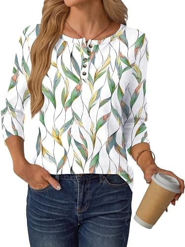 GKBK 3/4 Sleeve Womens Tops Fall Clothes Henley Casual Spring Summer Lightweight Basic Tunic Shirts - Thumbnail 3