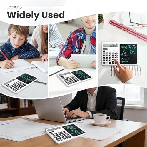 Desk Calculator with Writing Pad, Widescreen Extra-Large LCD Display, 12-Digit Calculator, Solar & Battery Dual Power Supply, Desktop Calculator with Ergonomic Viewing Angle for Office, School (White) - Thumbnail 6