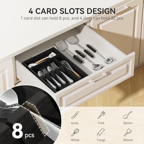 Yofidra Bamboo Silverware Organizer, 13.8 x 9.84 x 1.96 Inches Kitchen Utensil Drawer Organizer, Silverware Tray for Drawer with Fixed Slots for Spoons, Forks & Knives, Natural (Black) - Thumbnail 3