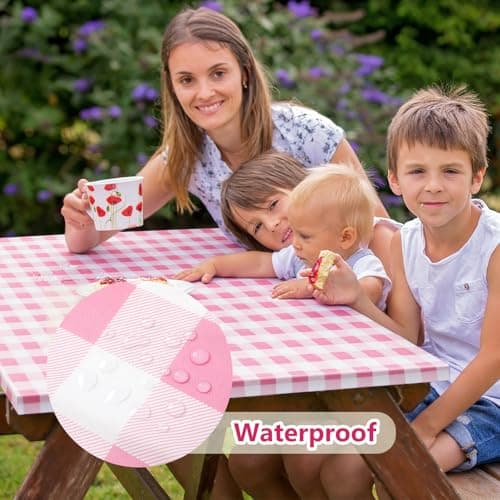 Nimalpal Picnic Table Cover with Bench Covers and Bag, Camping Table Camping Essentials Cover with Elastic Edges(Pink) - Thumbnail 2