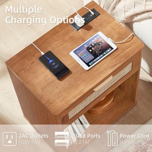 LEYAOYAO Rattan Nightstand with Charging Station, Tea Brown Night Stand with Drawer, 23" Wide Boho Bedside Table with Storage Shelf, Bed Side End Tables for Bedroom, Living Room, Hallway - Thumbnail 6