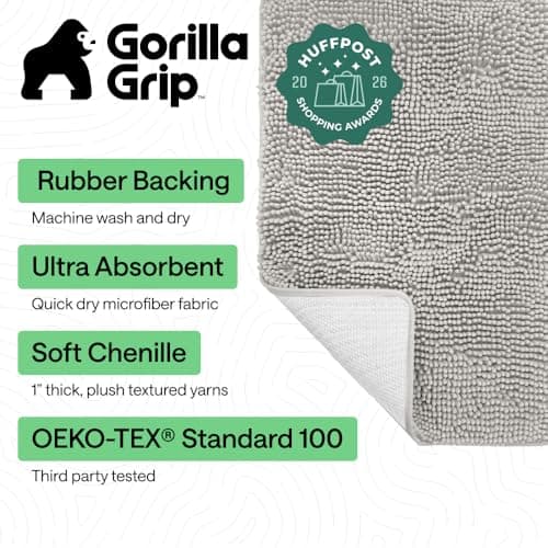 GORILLA GRIP Bath Rug Mat 30x20, Thick Soft Absorbent Chenille, Quick Dry Microfiber Mats, Rubber Backing Washable Shower Floor Rugs, US Designed Bathroom Bathmat Home Decor Accessories, Light Gray - Thumbnail 2