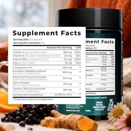 ELICORE Emergency Immune Support Supplement – Vitamin C, E, B6, Zinc, Elderberry, Echinacea, Garlic & Turmeric – Immune Booster for Adults – Gluten Free, Sugar Free, Vegan Friendly – 60 Capsules - Thumbnail 2