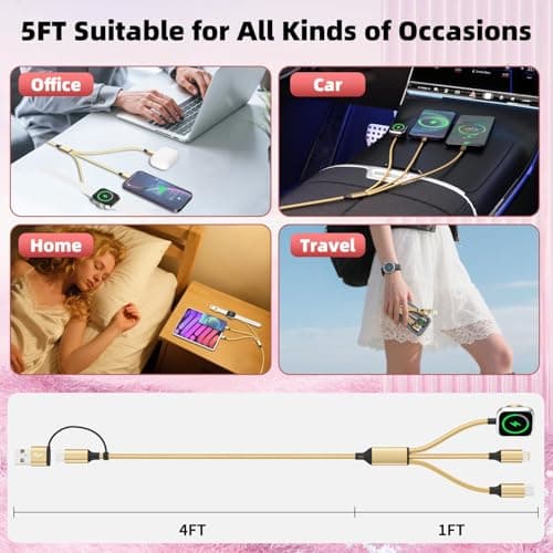 Firsting USB A/C 3 in 2 Multi Charging Cable 2Pack 5FT, Multiple Charger Cord for iWatch Charger/iPhone Charger/iPad, Multi Charger Cables Compatible with iWatch&iPhone 17-12 - Thumbnail 5