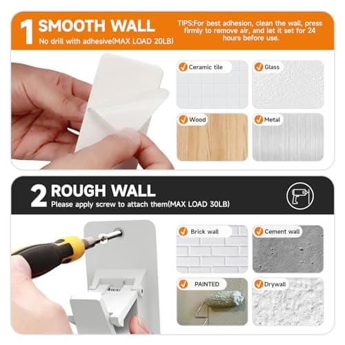 Universal Curtain Rod Holders, No Drill Curtain Rod Brackets, Self Adhesive Curtain Rod Brackets Up to 30 LB, Nail Free Curtain Rod Hooks for Bathroom, Bedroom, Livingroom, Kitchen (4PC, White) - Thumbnail 5