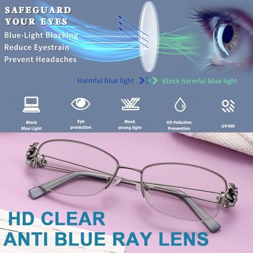 TOVEEN Photochromic Progressive Multifocal Reading Glasses for Women, Stylish Metal Half Frame Blue Light Blocking Sunglasses 1 Pack Gold +1.5 - Thumbnail 4