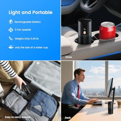 Arint Mini Car Air Purifier-True HEPA Portable Small Air Purifier 15dB Quiet Cordless for Smoke/Dust/Pet Hair with 3-Layer Filtration for Cars/Small Bedroom/Office/Desk/Travel (Black） - Thumbnail 2