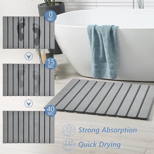 AWW Foldable Stone Bath Mat, Quick Dry Diatomaceous Earth Bath Mat with Non-Slip Mat, Super Absorbent, Easy to Clean, Compact for Small Bathrooms, 23.6 x 15.5, Grey - Thumbnail 2