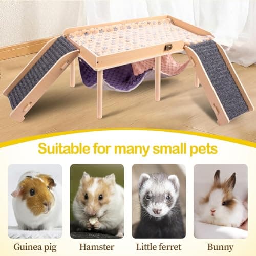 BESNEW Enlarged Guinea Pig Hammock with Platform and Stairs,Wooden Foldable Piggies Hideout for Guinea Pigs Bunny Ferret Hamster Hiding Sleeping Activities 24L x 12W x 11H in（Double） - Thumbnail 6