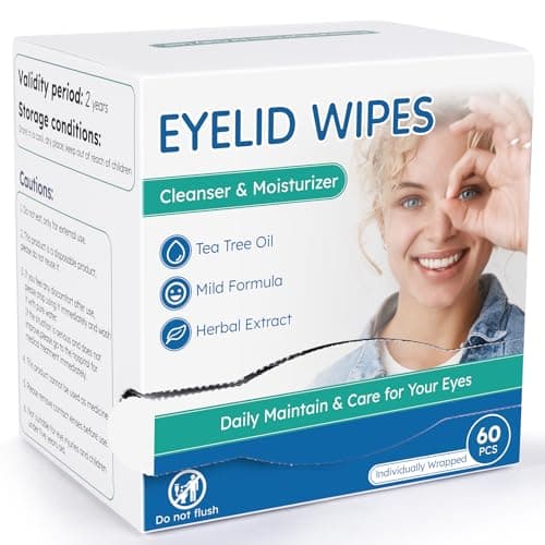 60-Count Eyelid Cleansing Wipes for Dry Eye & Blepharitis, tea tree oil Pre-Moistened Hypoallergenic EyeWipes for Sensitive Itchy Eyes, Individually Wrapped Eyelid Wipes Travel Essentials - Image 1