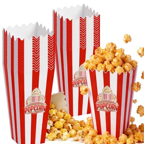 20 Pcs Movie Night Popcorn Boxes, 8 inch Red and White Striped Paper Popcorn Bucket, 250gsm Rigid Cardstock, One-Step Setup, Reusable Pop corn Bags for Party, Home Kitchen, Snacks, Easter