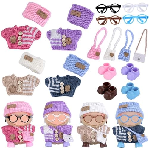Ezcora Knitting Outfit Set for 17cm Dolls, 4 Cozy Sweaters with Hats, Shoes, Glasses Bags, 6.7-Inch Doll Accessories, Gift Idea, (No Dolls) - Image 1