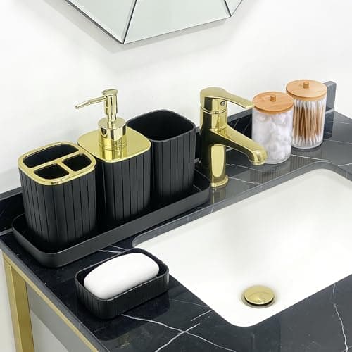 Bathroom Accessories Set-9PC Set with Toilet Brush, Trash Can, Soap Dispenser, Q-Tip Holder | Modern Home Bath Essentials (Black, Bath Set) - Thumbnail 4