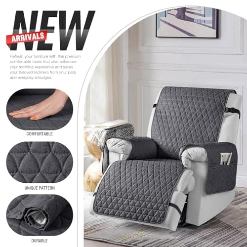 TAOCOCO 100% Waterproof Recliner Chair Covers, Non Slip Recliner Covers that Stay in Place, One-Piece Washable Reclining Chair Cover with Elastic Straps, Black Grey, Fits 25" Seat Width - Thumbnail 5