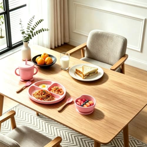 Baby Led Weaning Supplies, 17 Piece BPA-Free Silicone Feeding Set, Eating Essentials Baby Utensils with Suction Plate and Bowl, Pocket Bib, Sippy Cup with Lid, for 6+ Months, Pink - Thumbnail 5