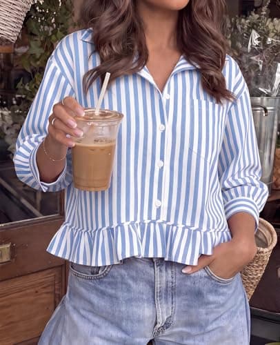 PRETTYGARDEN Women's Business Casual Tops V Neck Button Up Shirts Women Lapel Collared 3/4 Sleeve Striped Ruffle Crop Y2k Top (White Blue Striped, XX-Large) - Thumbnail 2