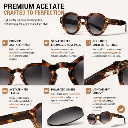 ROCKNIGHT HD Driving Polarized Sunglasses for Mens Retro Round Sunglasses Tortoise Acetate Frame Lightweight Fashion Grey Gradient Sunglasses - Thumbnail 6