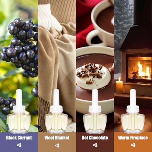Plug In Air Freshener Refills, Black Currant, Wool Blanket, Hot Chocolate, Warm Fireplace, Summer Scented Refills for Home, 7.92 Fl Oz, 12 Count, Compatible with Air Wick & Glade, Not for Glade Plus - Thumbnail 3