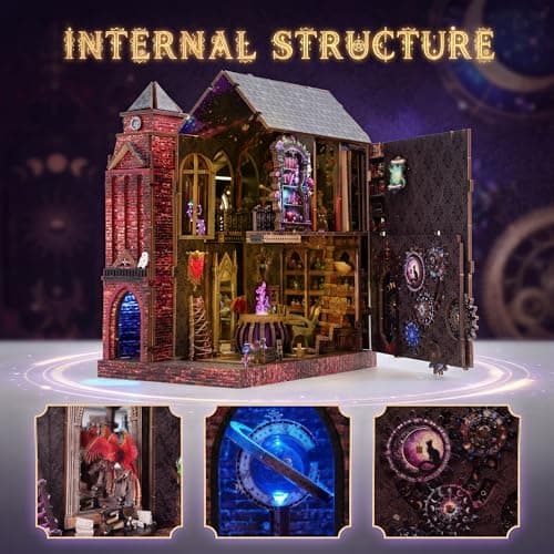 Book Nook Kit, DIY Miniature House Dollhouse Crafts Kit for Adults and Teens, Magic Castle 3D Wooden Puzzle Booknook Build Bookshelf Decor, Gifts for Family and Friends（Arcane Sprire） - Thumbnail 2