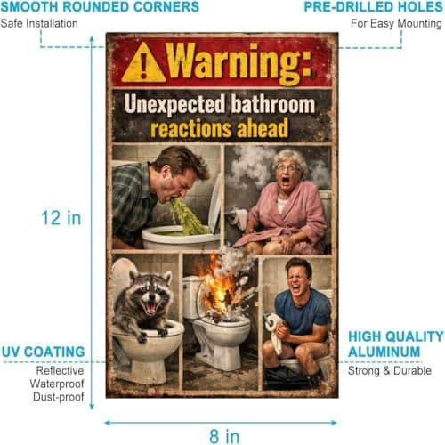 Warning Unexpected Bathroom Reactions Ahead Metal Tin Sign Funny Toilet Wall Decor Humor Restroom Artwork Vintage Style Plaque Novelty Home Office Gift 8x12 Inch Pre Drilled Sign - Thumbnail 6