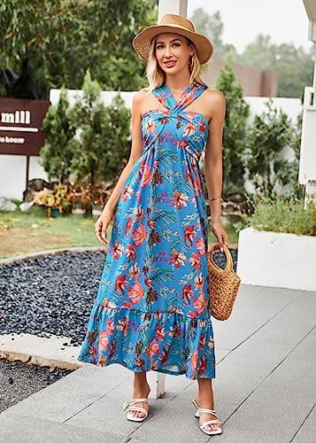 2024 Summer Women's Criss Cross Halterneck Sleeveless Floral Print Flowy A Line Maxi Dress Blue Red XXL - Thumbnail 2