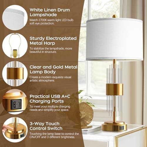 QiMH 25.5" Table Lamp Set of 2 with USB A+C Ports, Gold Lamp for Living Room with Touch Control, Modern Bedside Nightstand Lamp White Lamp Shade Bedroom Home Office Decor (2700K LED Bulbs Included) - Thumbnail 3