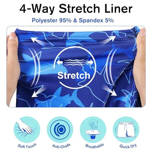 Cozople Mens Swim Trunks Blue Bathing Suit with Compression Liner Summer Quick Dry Swimming Shorts Ocean Shark Print Beach Shorts Swimwear S - Thumbnail 5