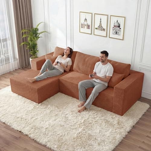108" Modular Sectional Sofa, L-Shaped Cloud Couch with Deep Seats & Chaise, Convertible 4-in-1 Corduroy Boneless Couches for Living Room, Bedroom, No-Assembly - Brown - Thumbnail 3