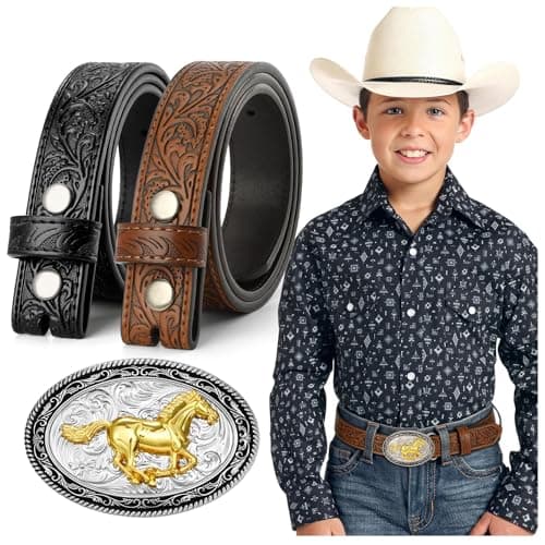 JKEEMI Kids Cowboy Cowgirl Belt, Western Genuine Embossed Leather Belt Bull Horse Eagle Buckle for Gift Daily Costumes - Image 1